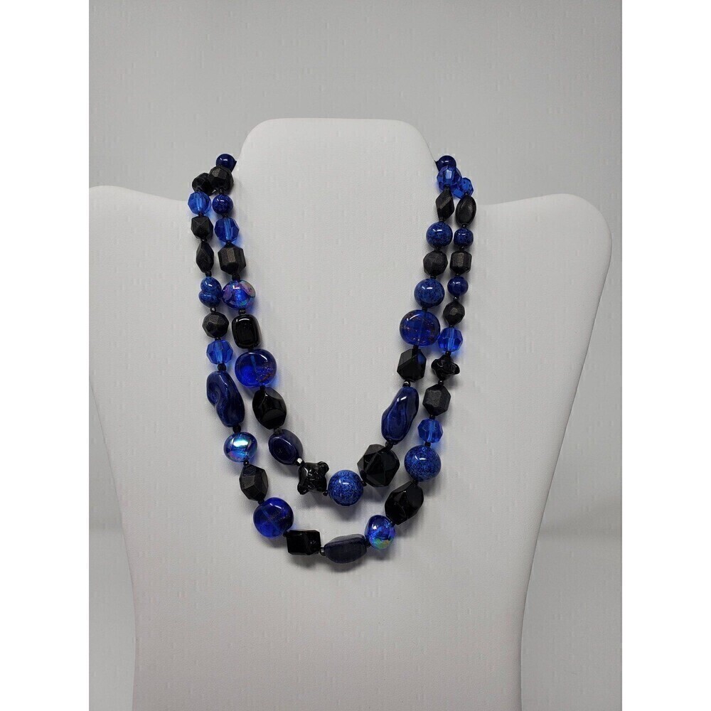 VINTAGE HATTIE CARNEGIE BLUE & BLACK MULTIPLE BEAD TWO STRAND NECKLACE SIGNED